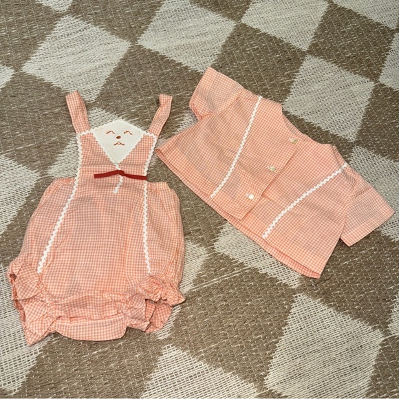 Vintage 80s Nanette baby set gingham embroidered trim romper ruffle cardigan top - Picture 7 of 9